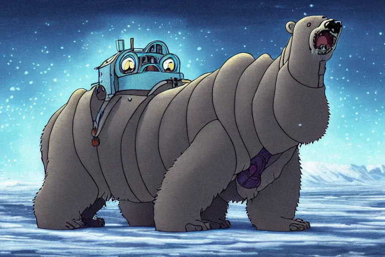 Image similar to cell shaded cartoon of a giant lovecraftian mechanized polar bear from howl's moving castle ( 2 0 0 4 ), on an icy road in the mist, full body, wide shot, very muted colors, post grunge, studio ghibli, highly detailed, deviantart, art by artgem