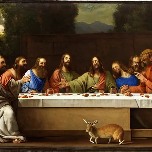 Image similar to A beautiful performance art of the Last Supper, with Jesus and his disciples replaced by various animals. The performance art is set in a forest, with a deer at the head of the table and a squirrel and rabbit to either side. ice carving by William Etty, by Eric Wallis imposing