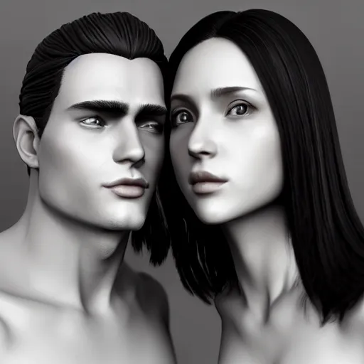 Prompt: perfectly centered symmetrical split male and female portrait of man and woman in love sharing one heart ; 3 d render by artgerm, photorealistic, highly detailed ; daz 3 d genesis iray ; unreal engine ; trending on artstation