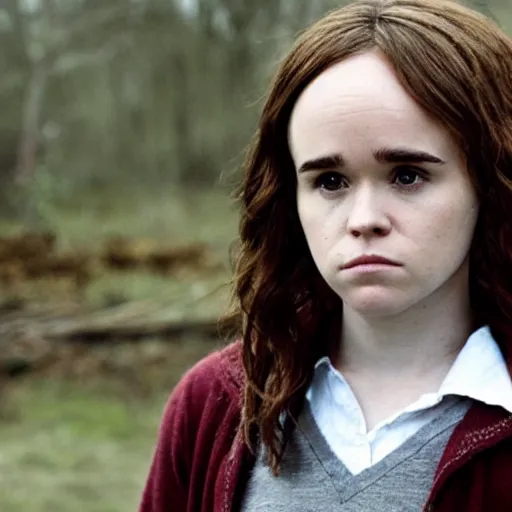 Prompt: Photo of Ellen Page as Hermonie Granger in Harry Potter, grimdark