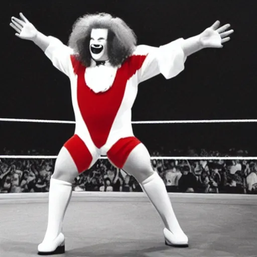 Image similar to A still of Ronald McDonald in WWE, 1990