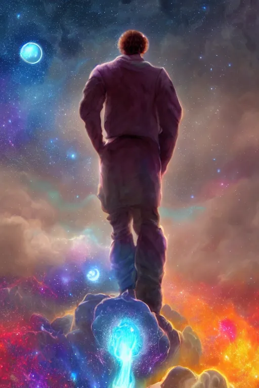 Image similar to galaxy bender experiencing the quantum field, elevated consciousness, beautiful astrological neural network, bob ross matte painting and tim burton comic book art, realistic, trending on artstation, sharp focus, depth of field, cinematic composition, physics splashes of colors