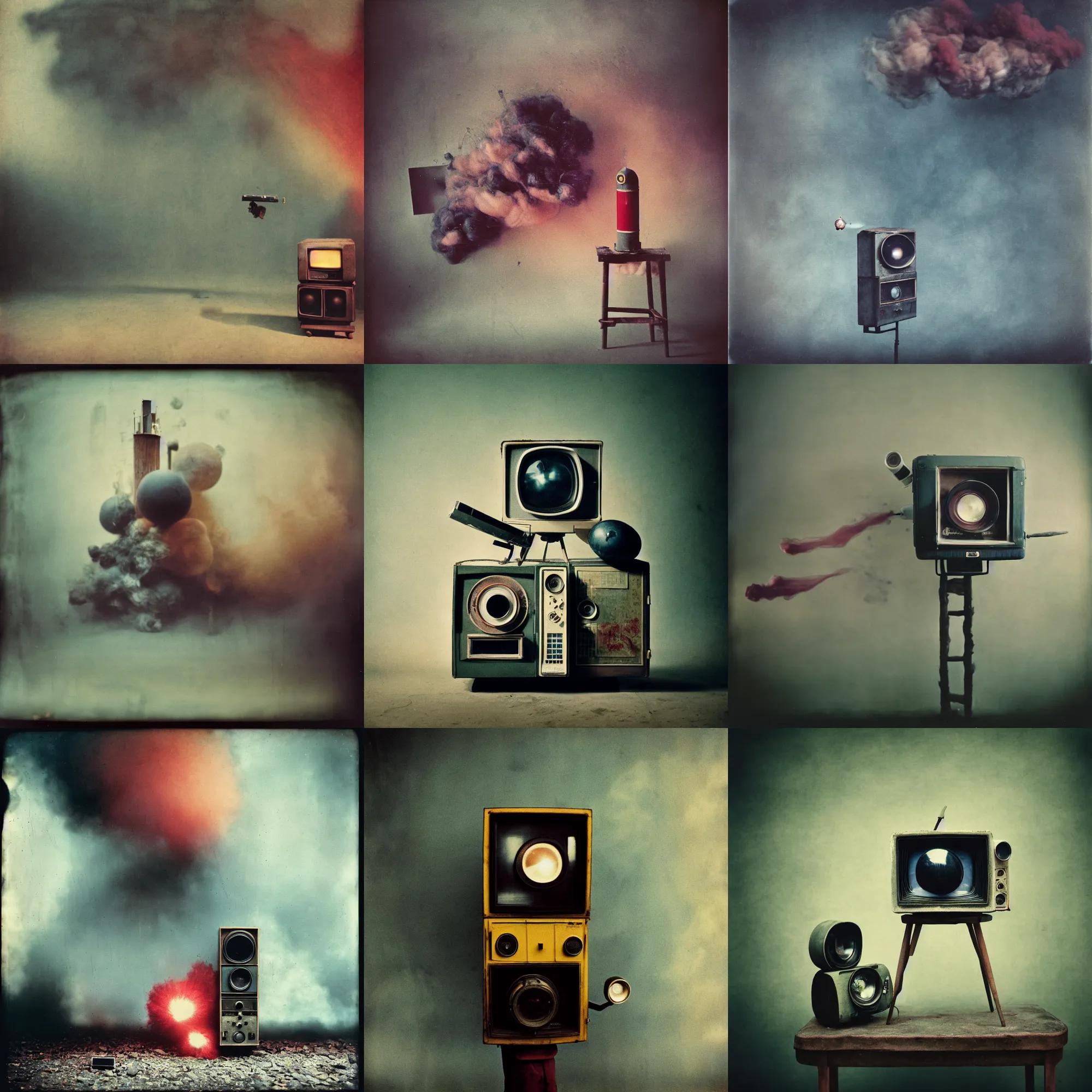 Prompt: kodak portra 4 0 0, wetplate, vintage television, muted colours, blueberry, 1 9 2 0 s style, motion blur, portrait photo of a backdrop, explosions, rockets, bombs, concrete, wood, fog, by georges melies and by britt marling