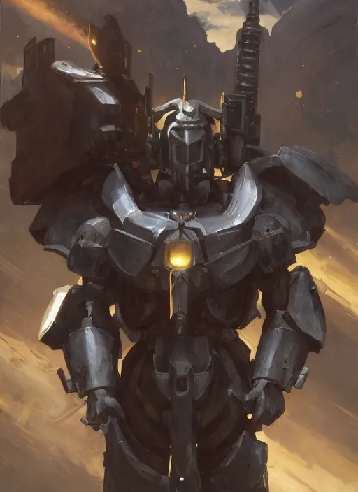 Image similar to medium-length portrait of a male paladin with short curly hair and a dark beard, dark brown skin, happy expression, wears a suit of power armor, gundam, buster sword, medieval setting, highly detailed, digital painting, artstation, concept art, sharp focus, illustration, art by greg rutkowski and alphonse mucha
