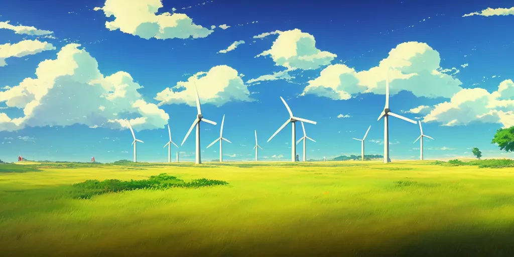 Image similar to beautiful anime painting of a field with wind turbines, clear blue skies, beach, rolling green hills, daytime, by makoto shinkai, kimi no na wa, artstation, atmospheric.