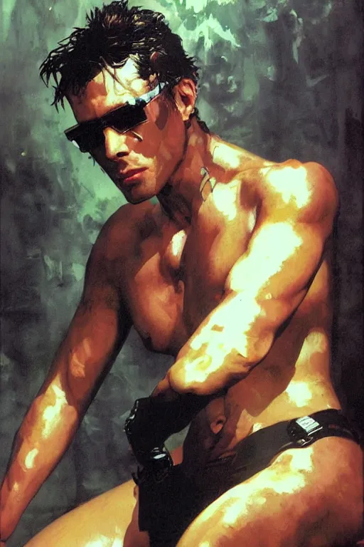 Prompt: synthwave, attractive male, painting by edwin longsden long, yoji shinkawa, craig mullins, tom of finland