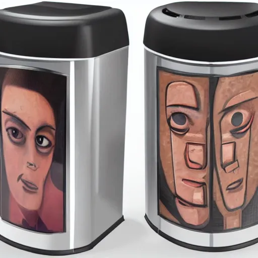 Image similar to a garbage can with human features,