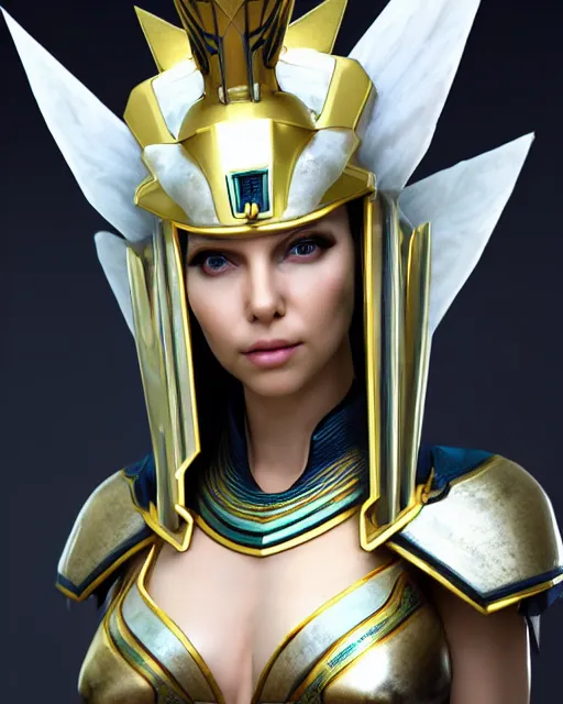 Image similar to perfect white haired attractive egyptian goddess, warframe armor, pharaoh headdress, beautiful, symmetric, dreamy, half asian, pretty face, green eyes, charlize theron, detailed, scifi platform, laboratory, experiment, 4 k, ultra realistic, epic lighting, android body, illuminated, cinematic, masterpiece, art by akihito tsukushi, voidstar