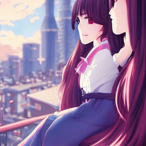 Image similar to portrait of a bored girl watching the scenery of tokyo, anime fantasy illustration by tomoyuki yamasaki, kyoto studio, madhouse, ufotable, trending on artstation