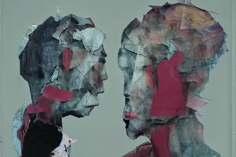 Image similar to Two still figures facing camera, They are emotional. Chaotic, glitch art aesthetic, collage folded, ethereal painting in the style of Francis Bacon