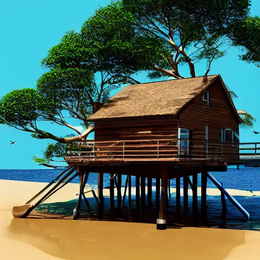 Prompt: a single house on an island in the sea, ultra realistic digital art