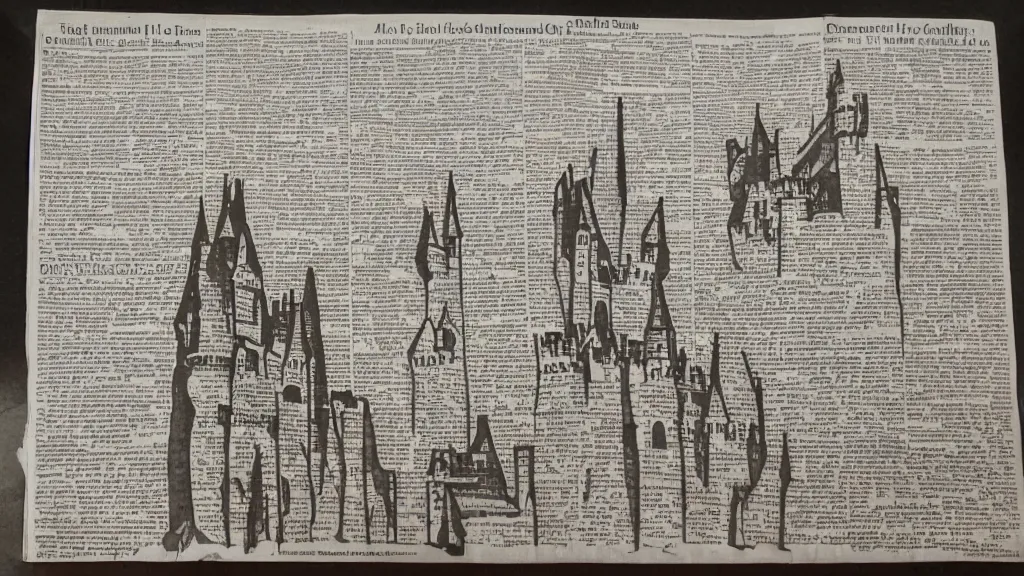 Prompt: a Newspaper paper cuts of a castle in the hills made