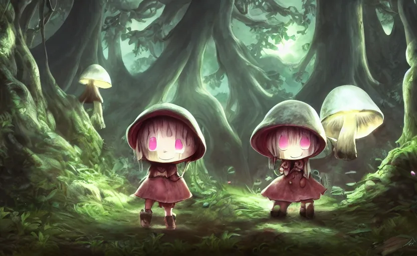 Image similar to cute little girl with a mushroom hat in the dark forest next to a sinister shadow monster, cute, clean detailed art, inspired by made in abyss, detailed background, fantastic world