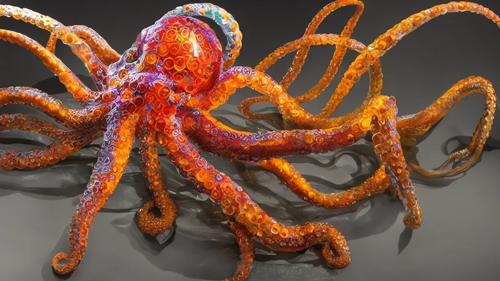 Prompt: Sculpture, a octopus made of blown glass, elegant, intricate detail, a splash of color, a masterpiece, refracting light, pbr, dramatic, path tracing, refraction. On display in a museum, it is horrifying