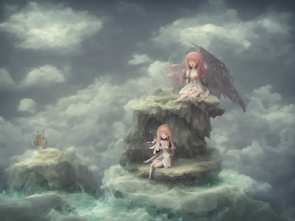 Image similar to cute fumo plush gothic angel maiden girl sitting on a floating island, isometric projection, wisps of smoke and volumetric fog, vignette, orthographic, vray