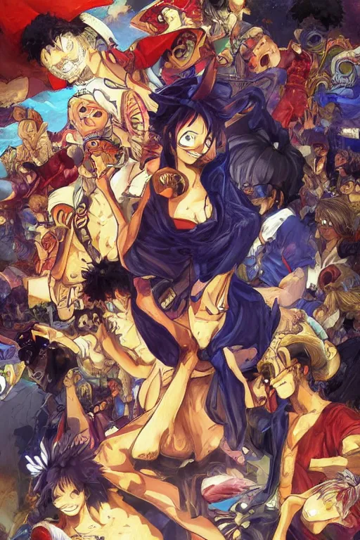 Image similar to One Piece wallpaper art, highly detailed, digital painting, artstation, concept art, sharp focus, illustration, art by artgerm and greg rutkowski and alphonse mucha, in the style of One Piece