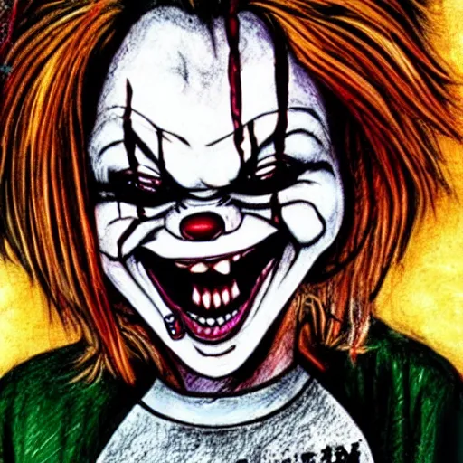 Prompt: grunge drawing of a happy chucky in the style of loony toons | horror themed | pennywise style