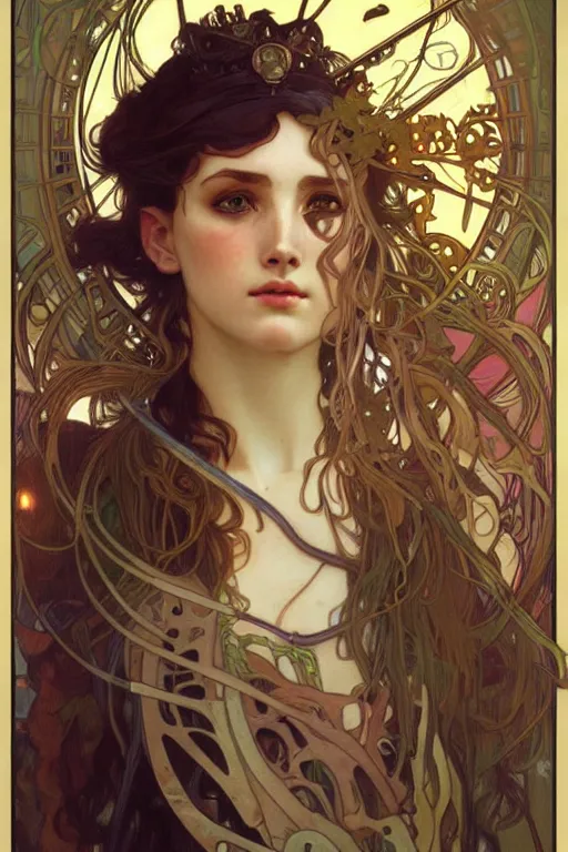 Prompt: realistic detailed portrait of a very beautiful warrior queen by alphonse mucha, charlie bowater, cyberpunk! style, mechanical accents!, flowing wires with leaves, rich deep moody colors