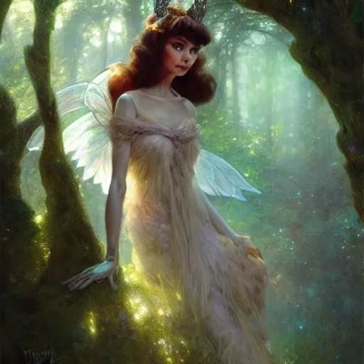 Image similar to audrey hepburn as a winged fairy in a fantasy forest, various backgrounds, highly detailed, digital painting, artstation, matte, illustration, art by gaston bussiere, greg rutkowski, tom bagshaw