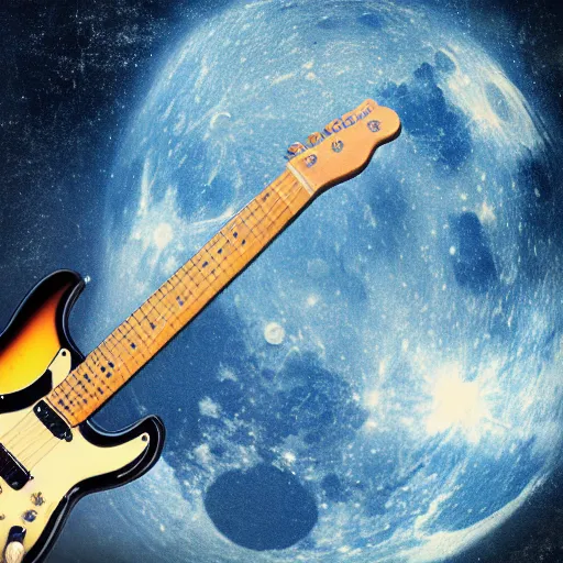 Prompt: photo of a detailed, realistic, regular sized, sitting idle fender electric guitar. a sitting idle beer can. an astronaut sitting down on the moon surface. detailed photo. realistic photo. cinematic. cinematic shot