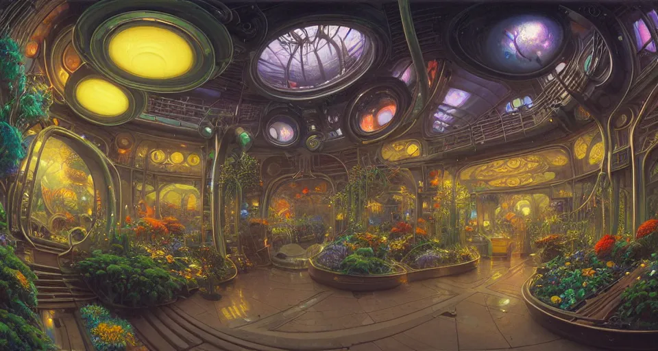 Image similar to fish eye lens a bright minimalist bioluminescent oil painting by donato giancola, warm coloured, cinematic scifi luxurious futuristic foggy steam filled victorian garden mall interior with microscopy radial windows flowers growing out of pretty bulbous ceramic fountains, gigantic pillars and flowers, maschinen krieger, beeple, star trek, star wars, ilm, atmospheric perspective