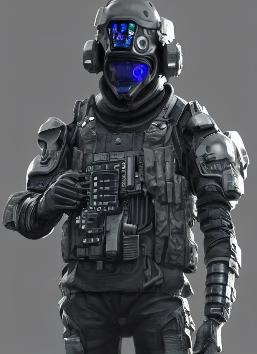 Image similar to futuristic swat team, full armor, full body, full face mask, futuristic weapon, cyberpunk, unreal engine 5