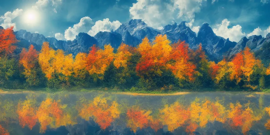 Image similar to peaceful clouds, mountain range, lake, autumn, colorful leaves, epic, matte painting, concept art, 4k