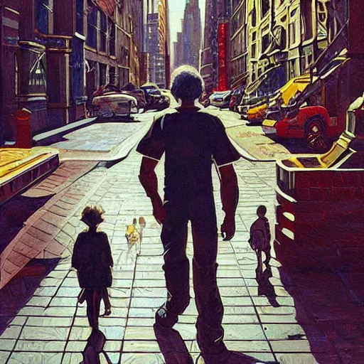 Image similar to detailed aliens walking on the streets painting of vintage new york, old cmputers on the sidewalk, celestial ephemeral ornaments and greek architecture, artstation, joshua middleton, caravaggio, norm rockwell, cinematic