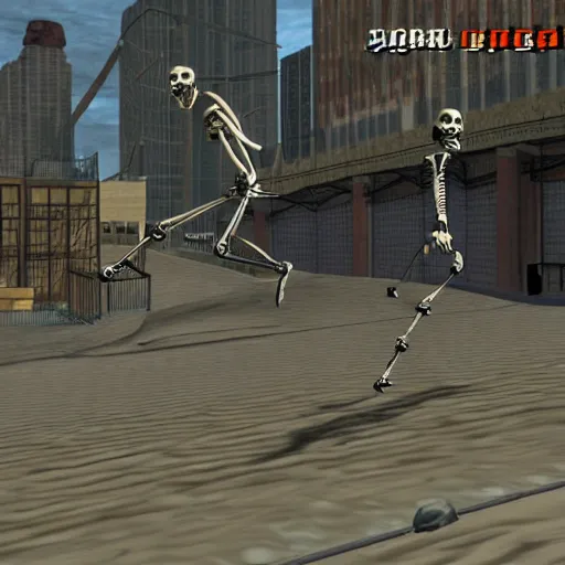Image similar to A gameplay screenshot of a skeleton in tony hawk (PS2, 2004)