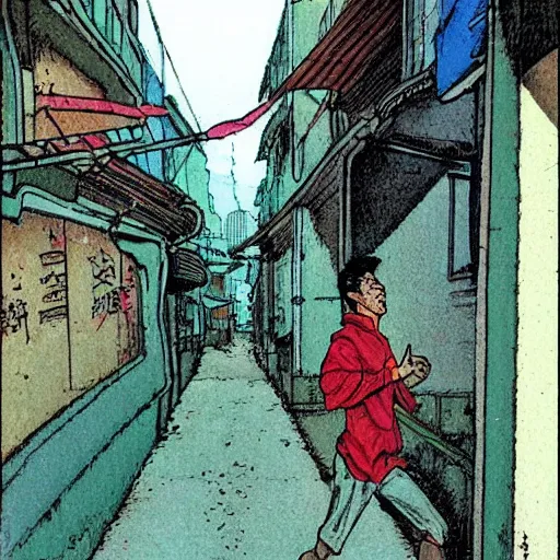 Prompt: a man running down an alley in hong kong, art by moebius