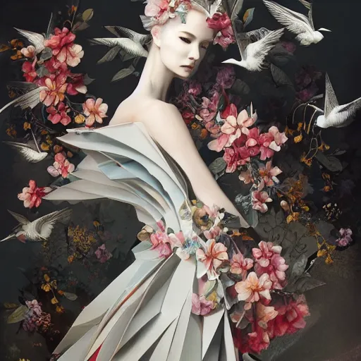 Prompt: 3 / 4 view of a beautiful girl wearing an origami dress, eye - level medium shot, fine floral ornaments in cloth and hair, hummingbirds, elegant, by eiko ishioka, givenchy, hsiao cheng, by peter mohrbacher, centered, fresh colors, origami, fashion, detailed illustration, vogue, japanese, reallusion character creator