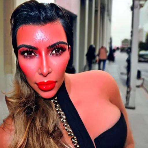 Image similar to Girl in colors, red lipstick on face, ugly look, style , Kim Kardashian look