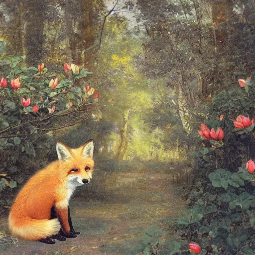 Image similar to !dream a portrait of a small Red Fox in a white magnolia forest in the style Alexandre Cabanel, wide shot