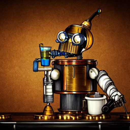 Prompt: steampunk robot drinking a cup of oil in a bar