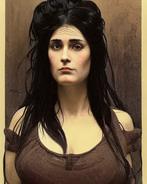 Image similar to portrait of a tall 4 0 - year - old woman with thin lips, long, lush black hair gathered on the head bun, and thick eyebrows, wearing in black clothes, aristocratic appearance, hyper realistic face, beautiful eyes, close up, fantasy art, in the style of greg rutkowski, intricate, alphonse mucha, hyper detailed, smooth