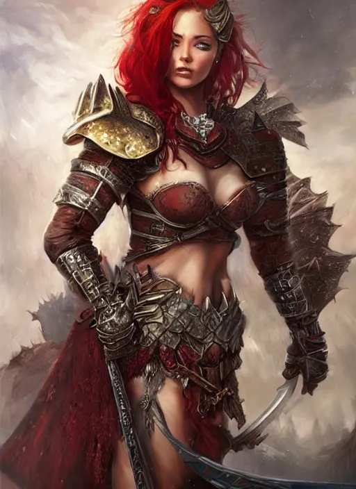 Image similar to a beautiful female warrior, 8 k, hyperrealistic, red hair, dragon slayer, hyperdetailed, fantasy portrait by laura sava