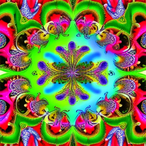 Image similar to a brightly colored painting of very detailed flowers made of elaborate fractals, high resolution, mandelbrot set, chaos, fractal, math, deviantart