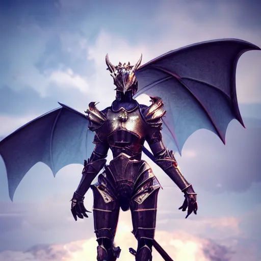 Image similar to highly detailed realistic shot of a stunning anthropomorphic female knight but as a dragon, doing a majestic and elegant pose, armor made of steel, sharp claws, HD octane render, epic cinematography, fantasy, Artstation, Deviantart, Furaffinity