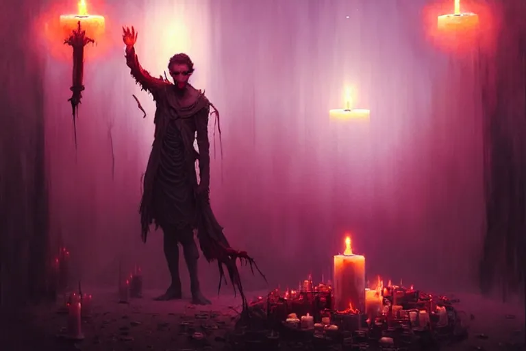 Image similar to Character concept art of Pretty guy male necromancer bringing dead to alive, casting dark magic spell. Castle room, lots of candles, barely lit warm violet red light, many transparent souls comes through the floor By greg rutkowski, tom bagshaw, beksinski