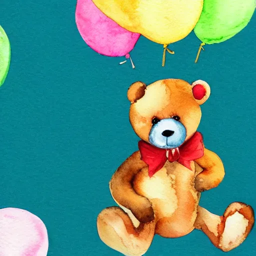 Image similar to watercolor cute animated teddy bear holding birthday balloons, white background,