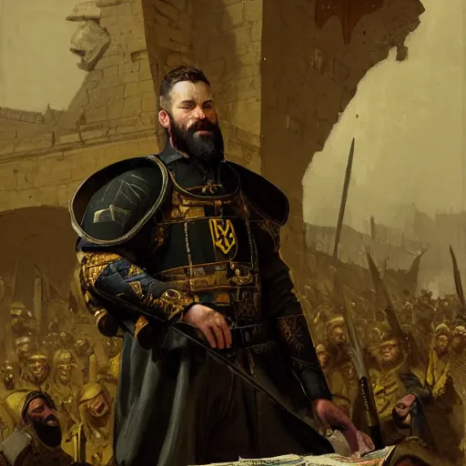 Image similar to Portrait of frustrated and acerbic male medieval sergeant with a short beard wearing a {black and yellow tabard} over a steel breastplate and a black gambeson looking at a war map on a table, by Greg Rutkowski, {perfect face}, {perfect eyes}, fantasy