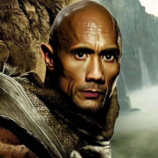 Prompt: the rock as a hobbit from lord of the rings, the rock in lotr, lord of the rings, the rock is short, Dwayne the hobbit johnson, the rock as frodo, 8k, high res, photo realistic