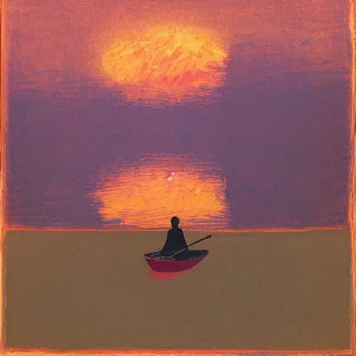 Image similar to silhouette of a man standing in a rowboat, lake, whisps of fog, moonlit night, by peter doig