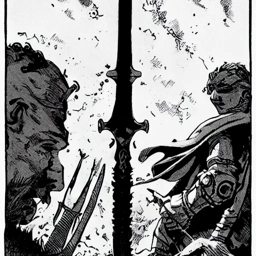 Image similar to A sword stuck in the ground, bathed in dusty light. Close Up Shot, Dark Fantasy, Film Noir, Black and White. High Contrast, Mike Mignola, D&D, OSR