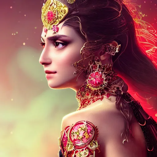 Image similar to photograph of wonderful princess with smooth fair skin, alluring eyes, red jewelry, breathtaking, elegant, ornate, intricate, hyper detailed, accent lighting, dramatic light, 4 k octane render