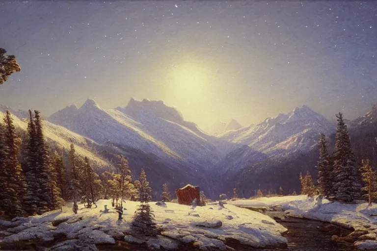 Image similar to mountains, trees, beautiful nature, winter, night, stars, snow, very detailed, focused, oil painting, colorful, canvas, artstation, Sydney Mortimer Laurence, Albert Bierstadt, Theodor Kittelsen, Hans Dahl, Konstantin Yakovlevich Kryzhitsky, Hermann Hendrich