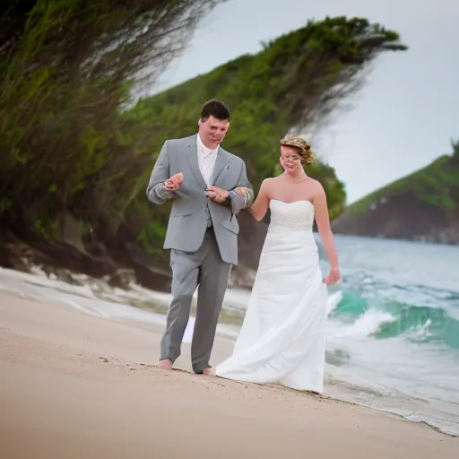 Prompt: a wedding is held on the beach with the bride and groom standing in the water, wedding photo