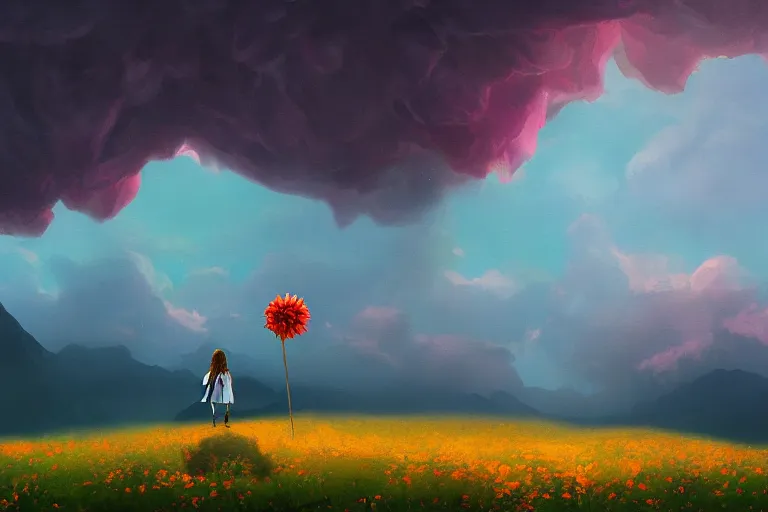 Image similar to giant dahlia flower as a head, girl walking on mountain, surreal photography, stars, dramatic light, impressionist painting, storm clouds, digital painting, artstation, simon stalenhag