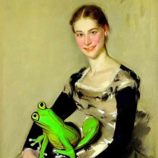 Image similar to a painting of a smiling lady with her giant pet frog, by john singer sargent,