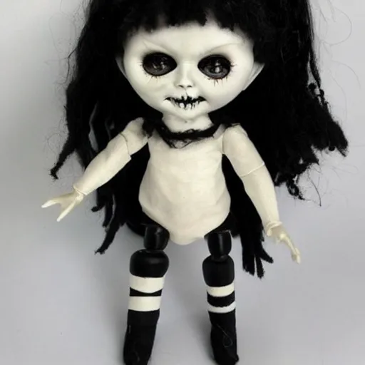 Prompt: creepy doll cursed witchcraft black eyes toy Lovecraftian dark blackness simple doll